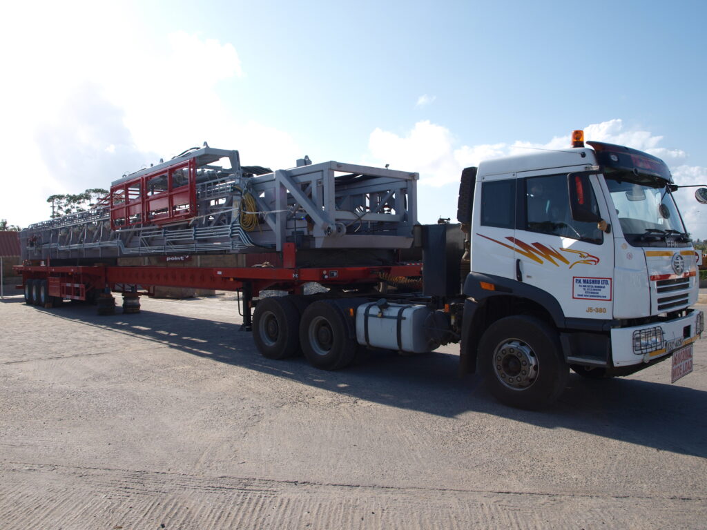 Oil drilling equipment loaded on a truck for transport from Mombasa to Lokichar, Kenya.