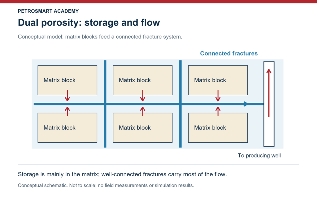Matrix blocks transfer fluid into connected fractures that convey it toward a producing well in a conceptual dual-porosity model.