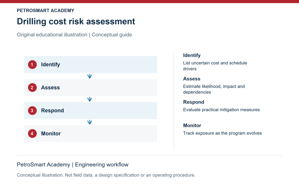 Drilling cost risk assessment. Identify: List uncertain cost and schedule drivers. Assess: Estimate likelihood, impact and dependencies.