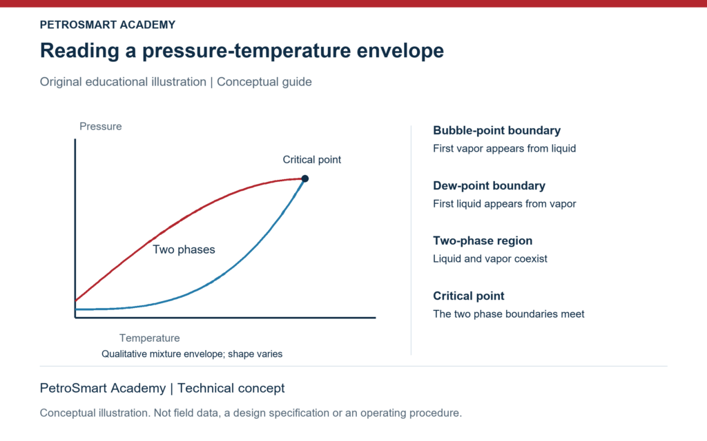 Reading a pressure-temperature envelope. Bubble-point boundary: First vapor appears from liquid. Dew-point boundary: First liquid appears from vapor.
