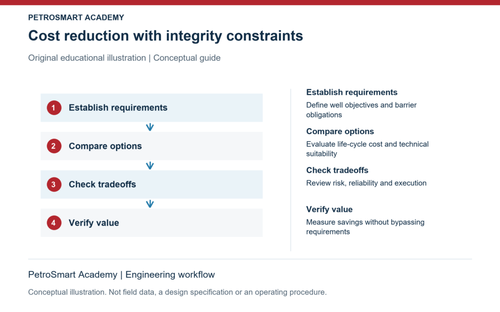 Cost reduction with integrity constraints. Establish requirements: Define well objectives and barrier obligations. Compare options: Evaluate life-cycle cost and technical suitability.