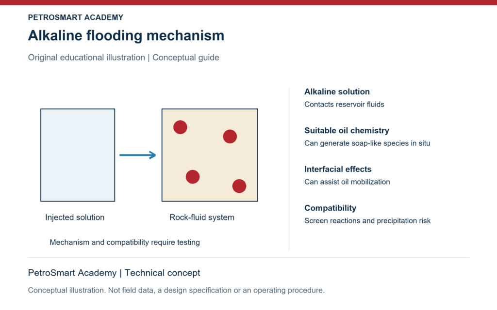 Alkaline flooding mechanism. Alkaline solution: Contacts reservoir fluids. Suitable oil chemistry: Can generate soap-like species in situ.