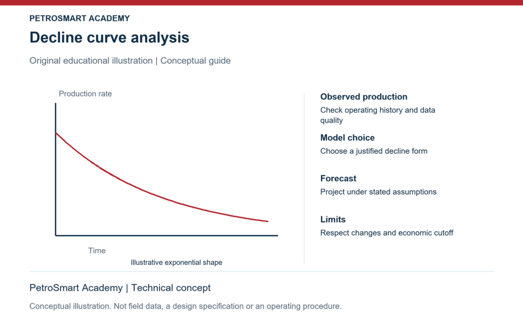 Decline curve analysis. Observed production: Check operating history and data quality. Model choice: Choose a justified decline form.