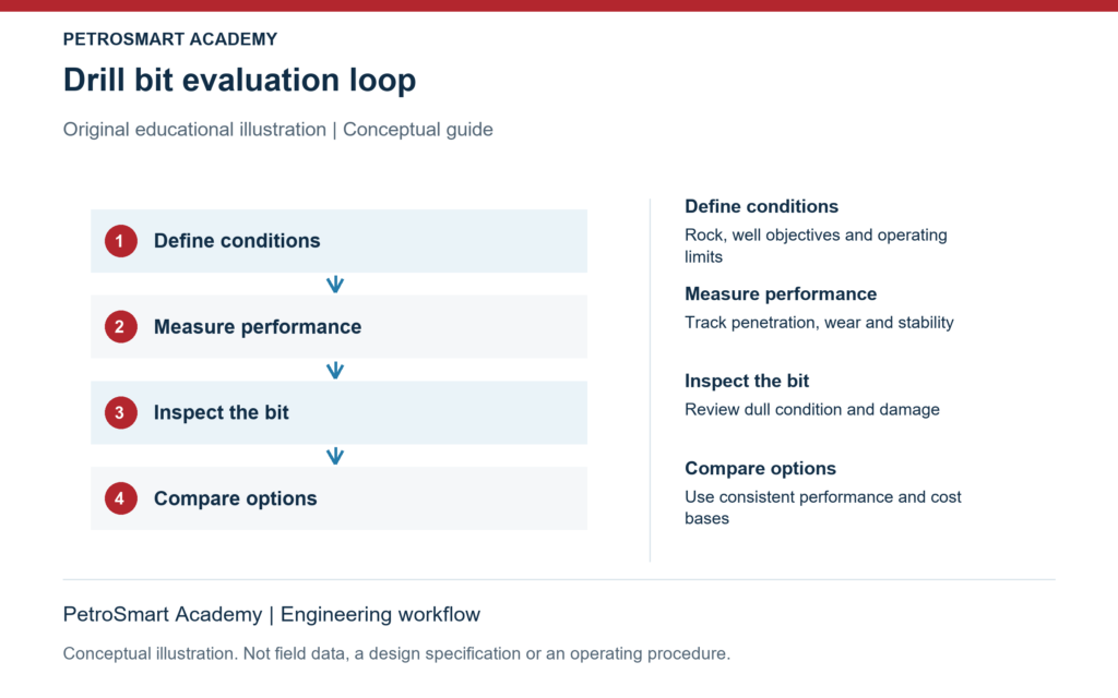 Drill bit evaluation loop. Define conditions: Rock, well objectives and operating limits. Measure performance: Track penetration, wear and stability.
