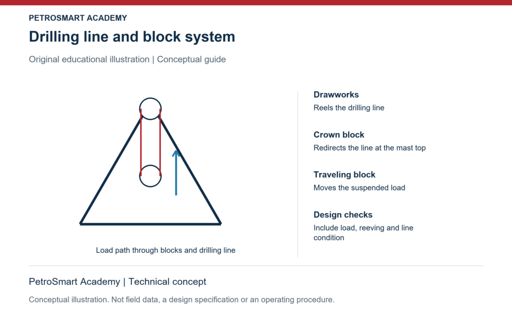 Drilling line and block system. Drawworks: Reels the drilling line. Crown block: Redirects the line at the mast top.