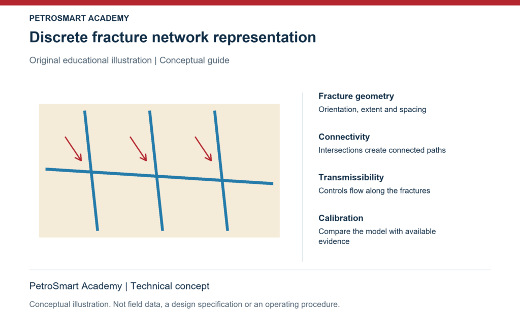 Discrete fracture network representation. Fracture geometry: Orientation, extent and spacing. Connectivity: Intersections create connected paths.