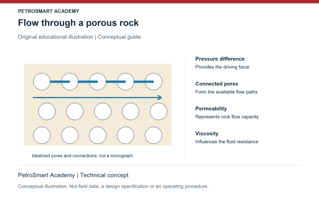 Flow through a porous rock. Pressure difference: Provides the driving force. Connected pores: Form the available flow paths.