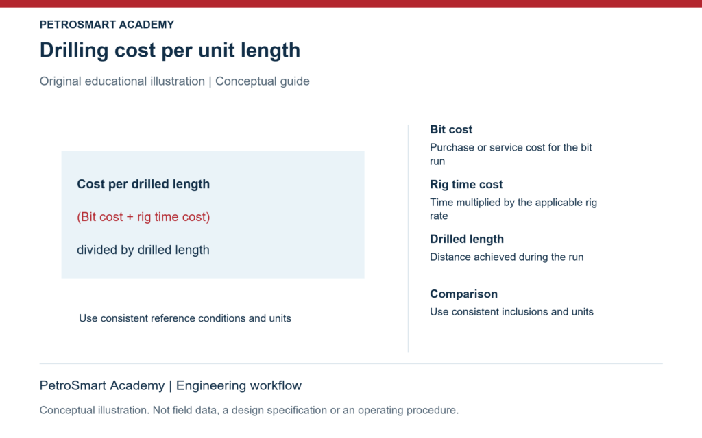 Drilling cost per unit length. Bit cost: Purchase or service cost for the bit run. Rig time cost: Time multiplied by the applicable rig rate.