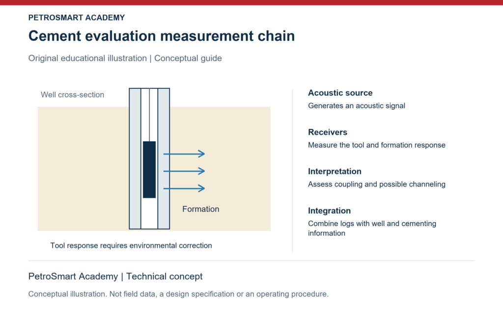Cement evaluation measurement chain. Acoustic source: Generates an acoustic signal. Receivers: Measure the tool and formation response.