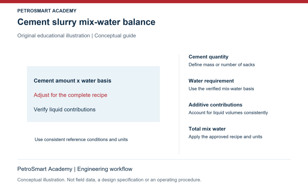 Cement slurry mix-water balance. Cement quantity: Define mass or number of sacks. Water requirement: Use the verified mix-water basis.