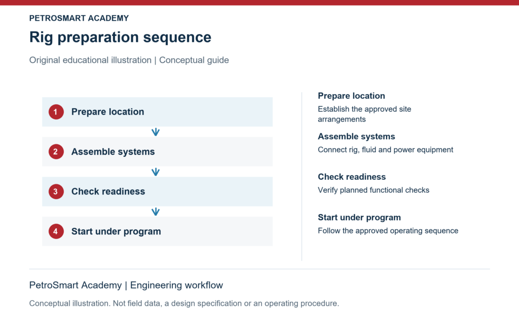 Rig preparation sequence. Prepare location: Establish the approved site arrangements. Assemble systems: Connect rig, fluid and power equipment.