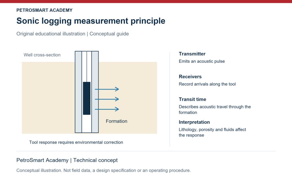 Sonic logging measurement principle. Transmitter: Emits an acoustic pulse. Receivers: Record arrivals along the tool.