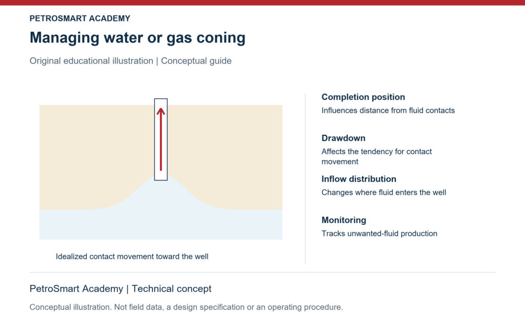 Managing water or gas coning. Completion position: Influences distance from fluid contacts. Drawdown: Affects the tendency for contact movement.