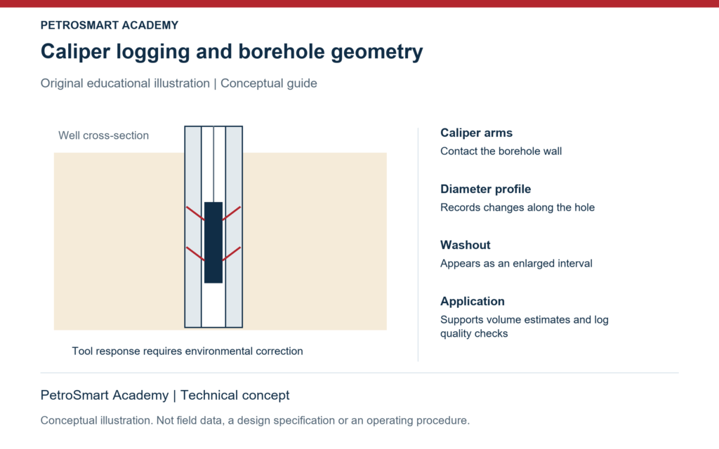 Caliper logging and borehole geometry. Caliper arms: Contact the borehole wall. Diameter profile: Records changes along the hole.