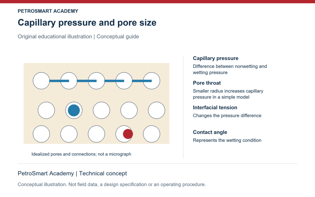 Capillary pressure and pore size. Capillary pressure: Difference between nonwetting and wetting pressure. Pore throat: Smaller radius increases capillary pressure in a simple model.