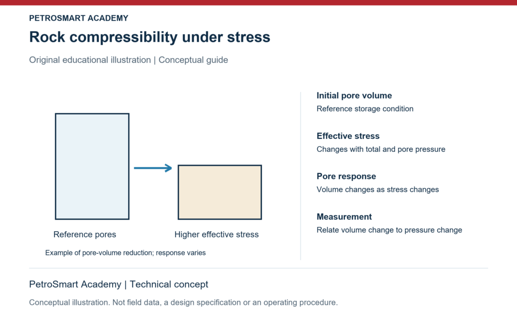 Rock compressibility under stress. Initial pore volume: Reference storage condition. Effective stress: Changes with total and pore pressure.