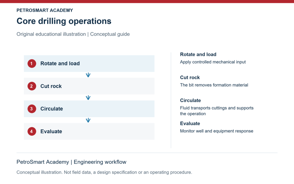 Core drilling operations. Rotate and load: Apply controlled mechanical input. Cut rock: The bit removes formation material.