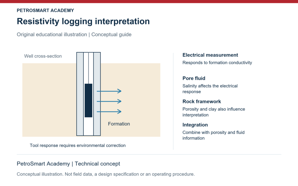 Resistivity logging interpretation. Electrical measurement: Responds to formation conductivity. Pore fluid: Salinity affects the electrical response.