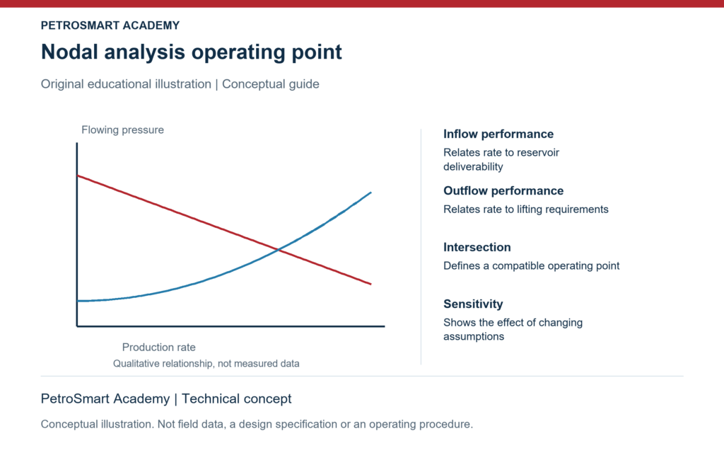 Nodal analysis operating point. Inflow performance: Relates rate to reservoir deliverability. Outflow performance: Relates rate to lifting requirements.