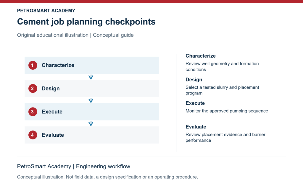 Cement job planning checkpoints. Characterize: Review well geometry and formation conditions. Design: Select a tested slurry and placement program.