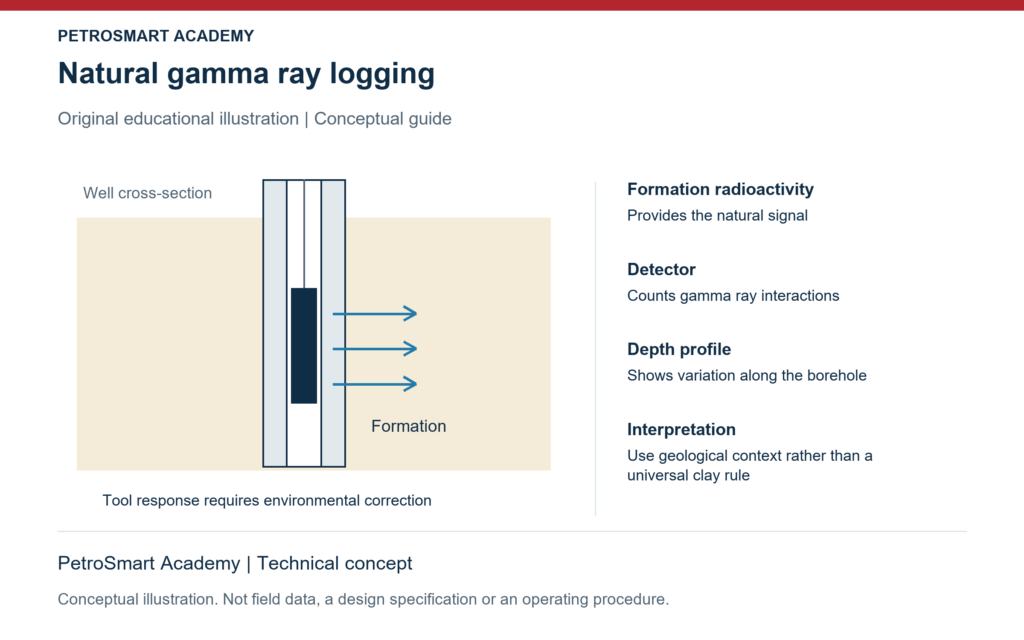 Natural gamma ray logging. Formation radioactivity: Provides the natural signal. Detector: Counts gamma ray interactions.