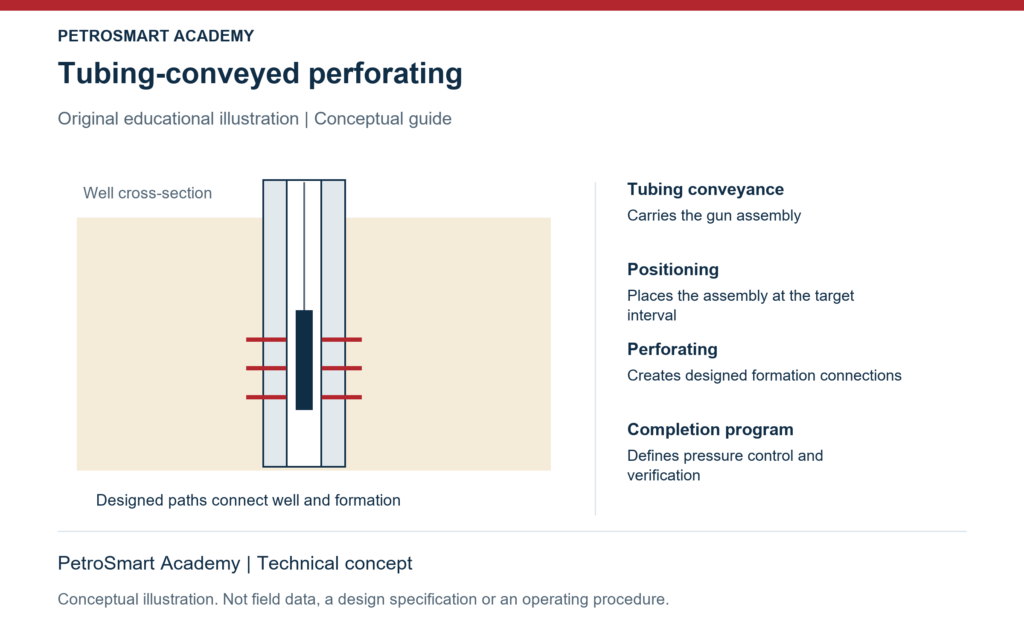 Tubing-conveyed perforating. Tubing conveyance: Carries the gun assembly. Positioning: Places the assembly at the target interval.