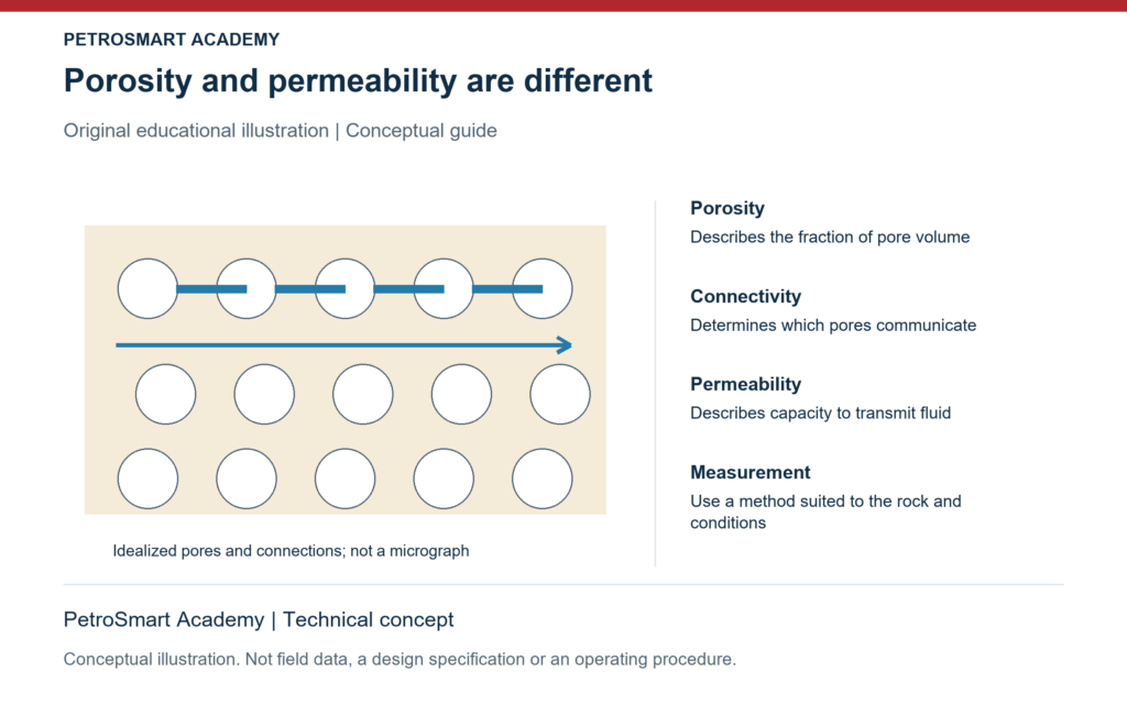 Porosity and permeability are different. Porosity: Describes the fraction of pore volume. Connectivity: Determines which pores communicate.
