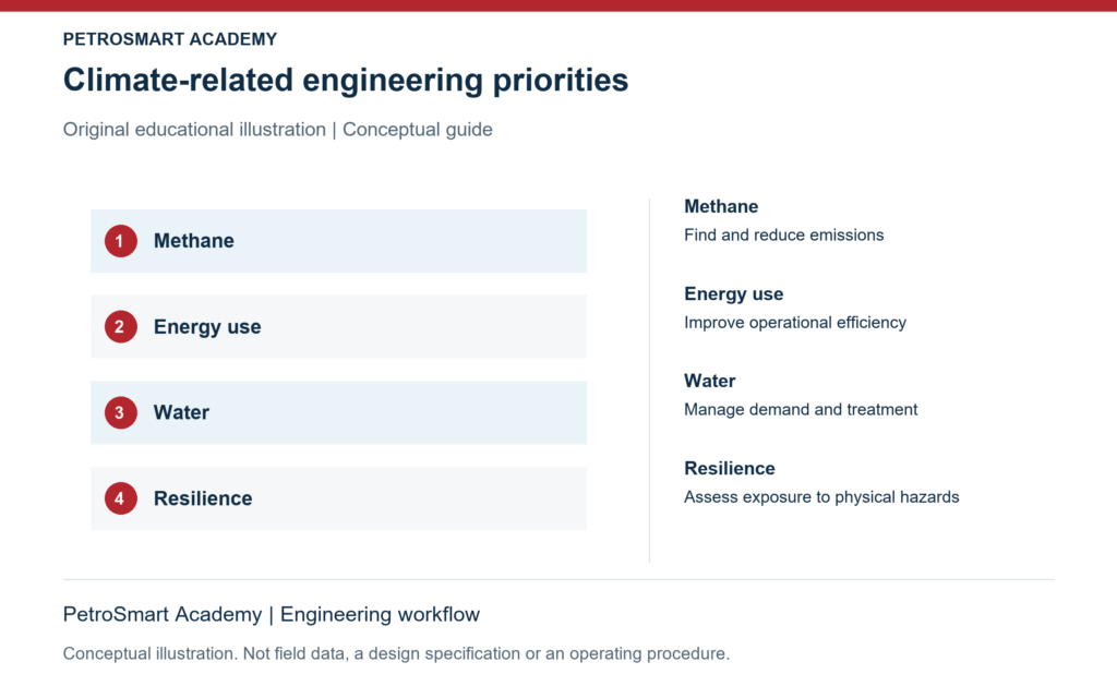 Climate-related engineering priorities. Methane: Find and reduce emissions. Energy use: Improve operational efficiency.