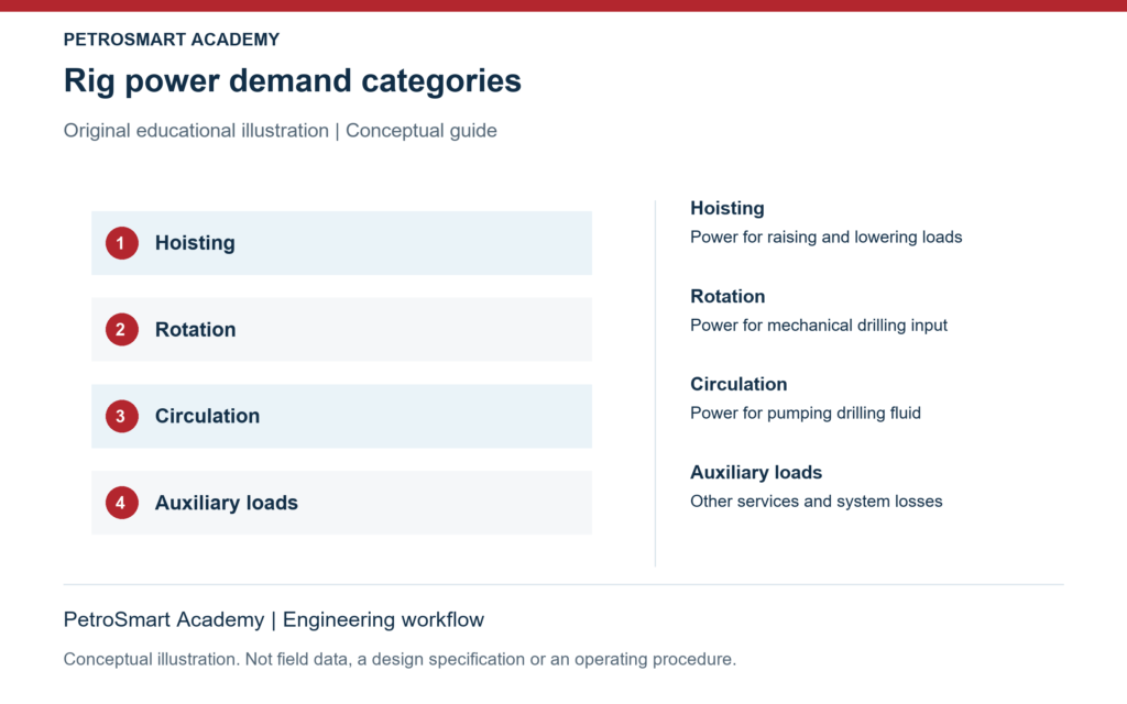 Rig power demand categories. Hoisting: Power for raising and lowering loads. Rotation: Power for mechanical drilling input.