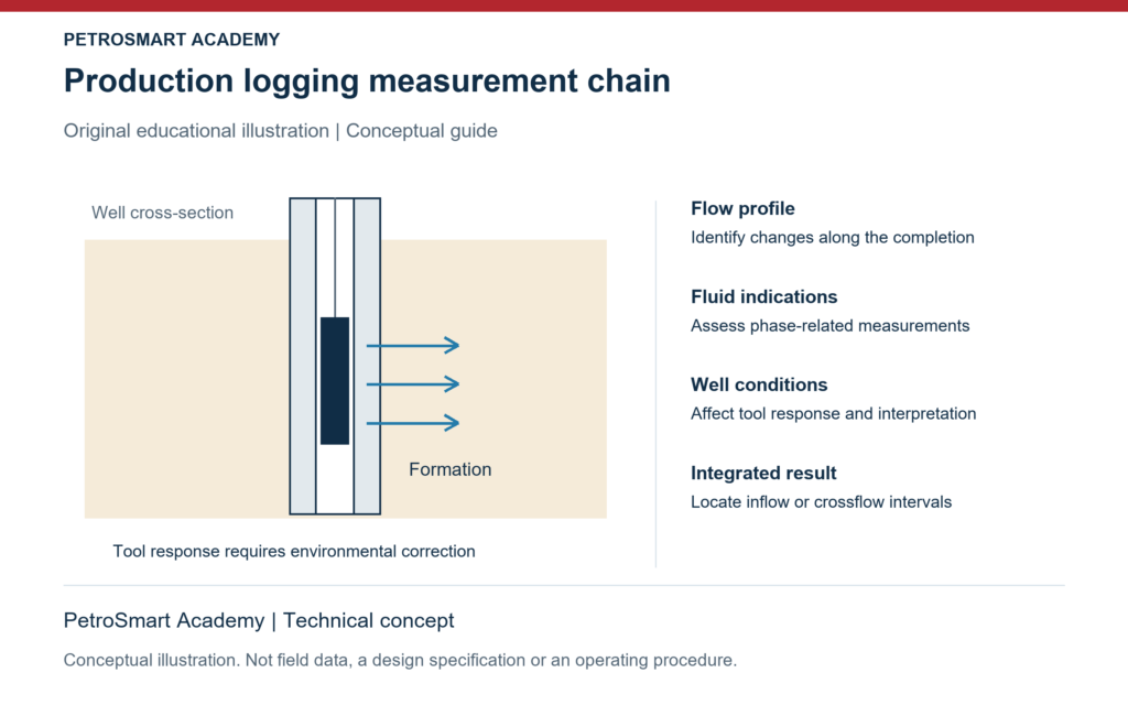 Production logging measurement chain. Flow profile: Identify changes along the completion. Fluid indications: Assess phase-related measurements.