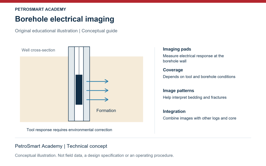 Borehole electrical imaging. Imaging pads: Measure electrical response at the borehole wall. Coverage: Depends on tool and borehole conditions.