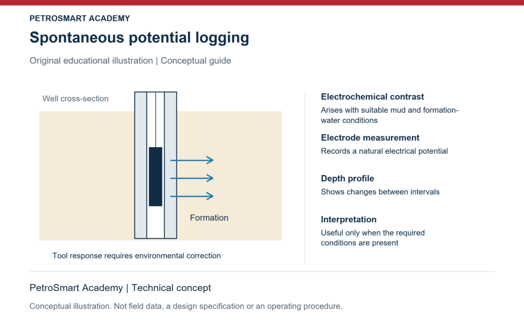 Spontaneous potential logging. Electrochemical contrast: Arises with suitable mud and formation-water conditions. Electrode measurement: Records a natural electrical potential.