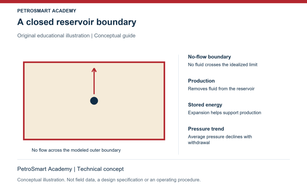 A closed reservoir boundary. No-flow boundary: No fluid crosses the idealized limit. Production: Removes fluid from the reservoir.