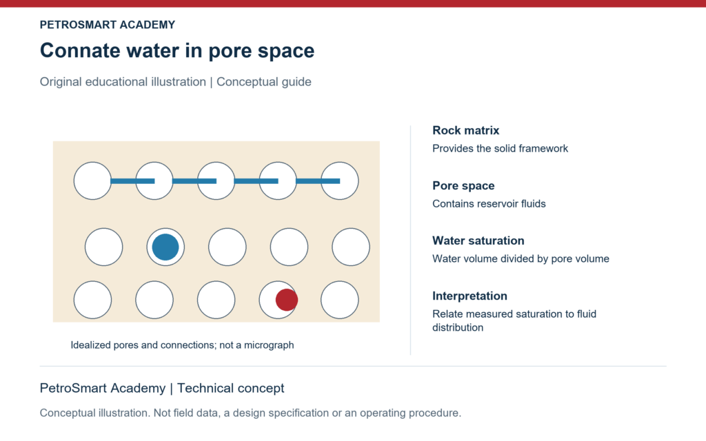 Connate water in pore space. Rock matrix: Provides the solid framework. Pore space: Contains reservoir fluids.