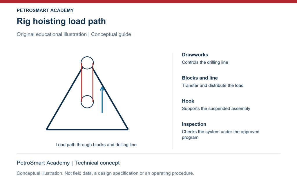 Rig hoisting load path. Drawworks: Controls the drilling line. Blocks and line: Transfer and distribute the load.