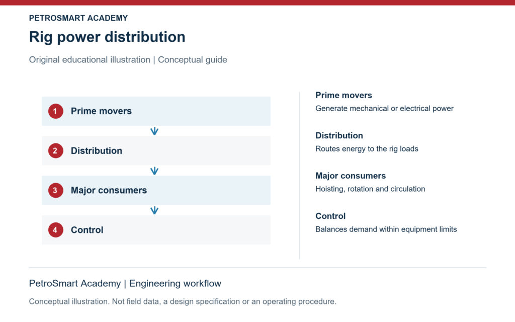 Rig power distribution. Prime movers: Generate mechanical or electrical power. Distribution: Routes energy to the rig loads.