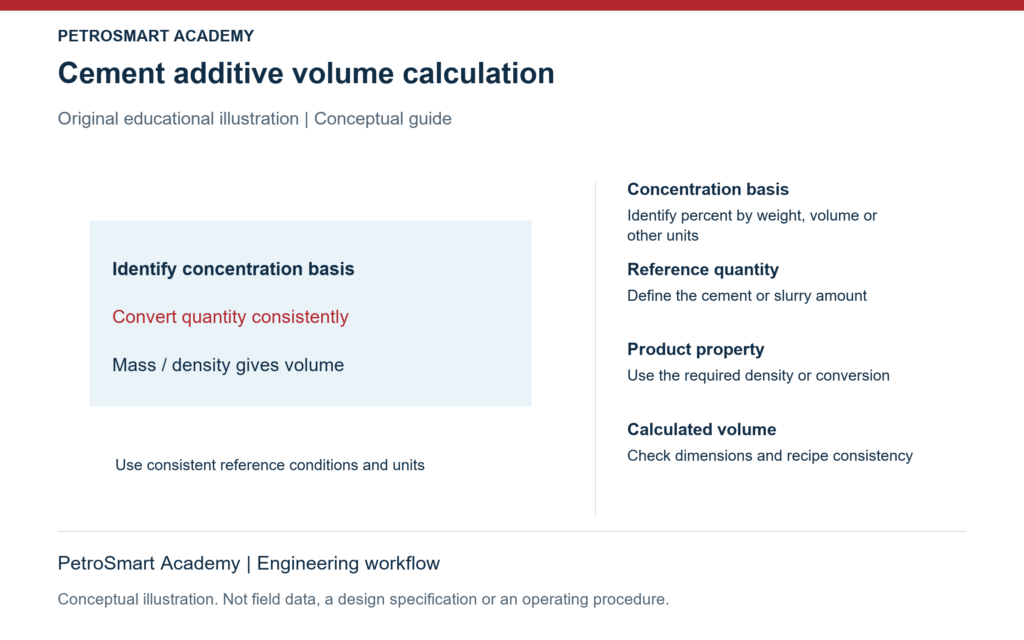 Cement additive volume calculation. Concentration basis: Identify percent by weight, volume or other units. Reference quantity: Define the cement or slurry amount.
