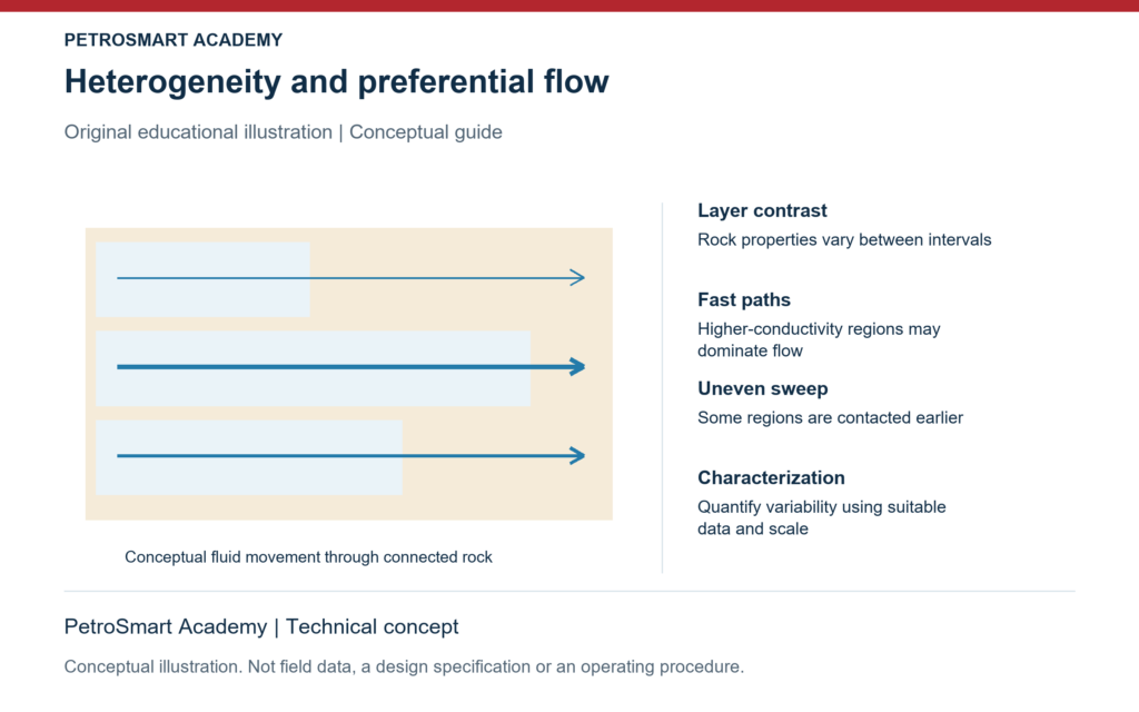 Heterogeneity and preferential flow. Layer contrast: Rock properties vary between intervals. Fast paths: Higher-conductivity regions may dominate flow.