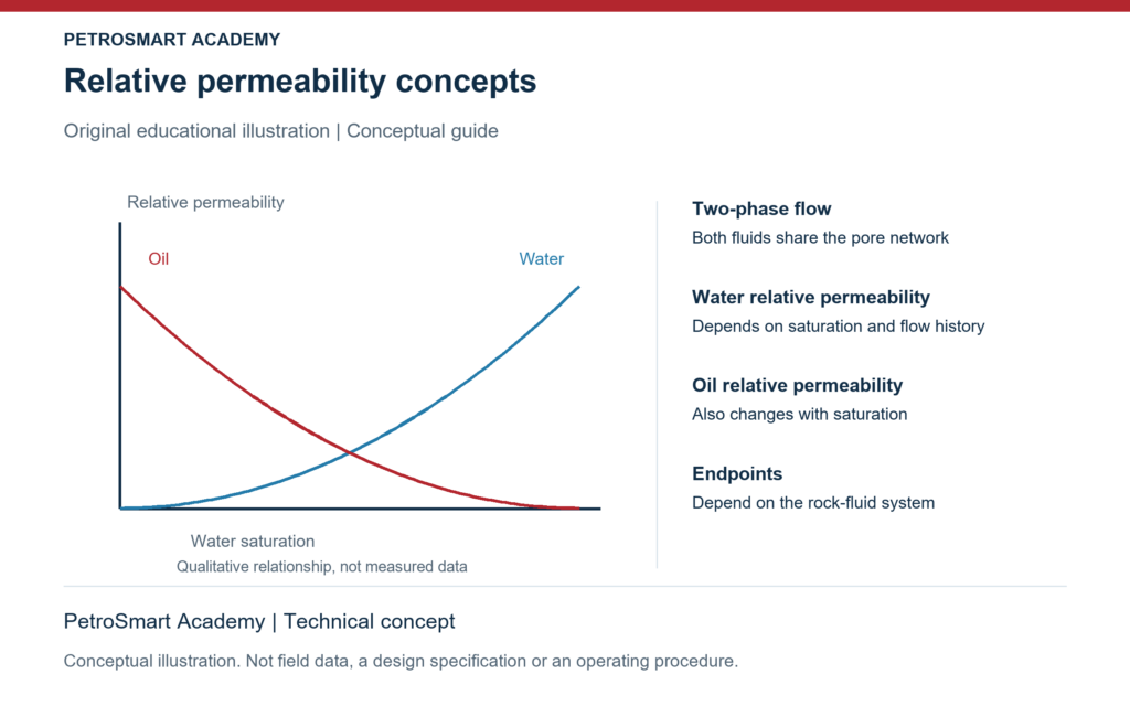 Relative permeability concepts. Two-phase flow: Both fluids share the pore network. Water relative permeability: Depends on saturation and flow history.