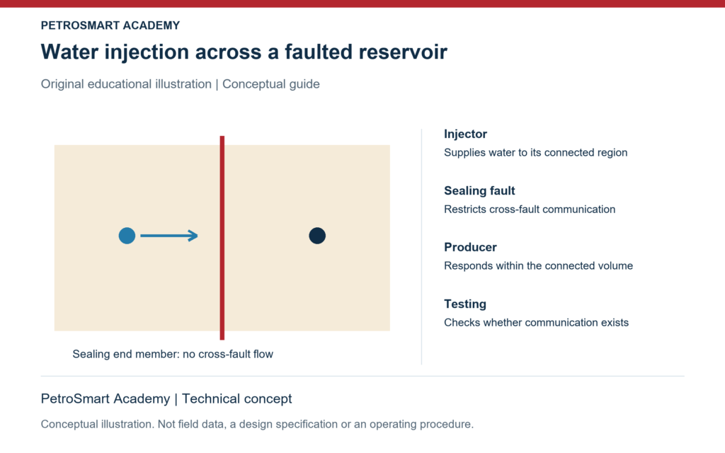 Water injection across a faulted reservoir. Injector: Supplies water to its connected region. Sealing fault: Restricts cross-fault communication.