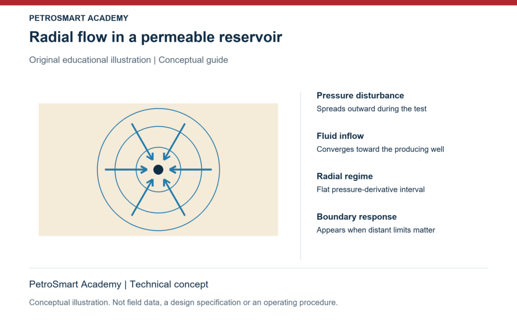 Radial flow in a permeable reservoir. Pressure disturbance: Spreads outward during the test. Fluid inflow: Converges toward the producing well.