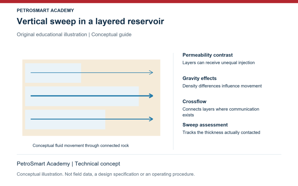 Vertical sweep in a layered reservoir. Permeability contrast: Layers can receive unequal injection. Gravity effects: Density differences influence movement.