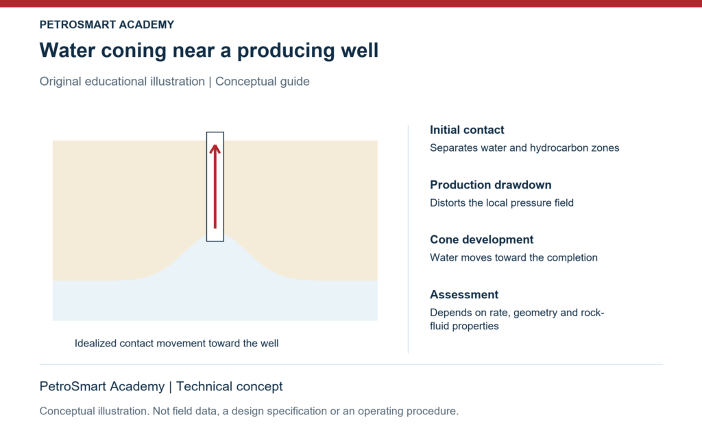 Water coning near a producing well. Initial contact: Separates water and hydrocarbon zones. Production drawdown: Distorts the local pressure field.