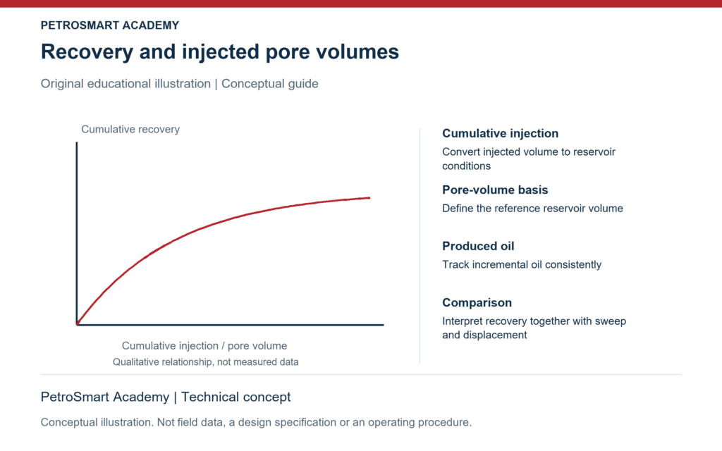 Recovery and injected pore volumes. Cumulative injection: Convert injected volume to reservoir conditions. Pore-volume basis: Define the reference reservoir volume.