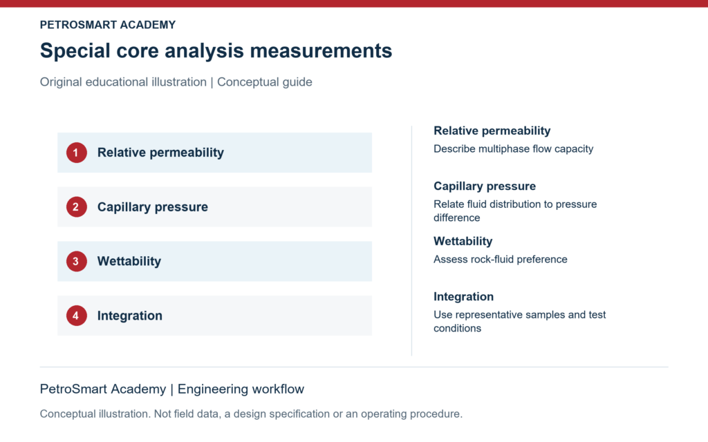 Special core analysis measurements. Relative permeability: Describe multiphase flow capacity. Capillary pressure: Relate fluid distribution to pressure difference.