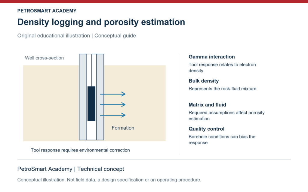 Density logging and porosity estimation. Gamma interaction: Tool response relates to electron density. Bulk density: Represents the rock-fluid mixture.