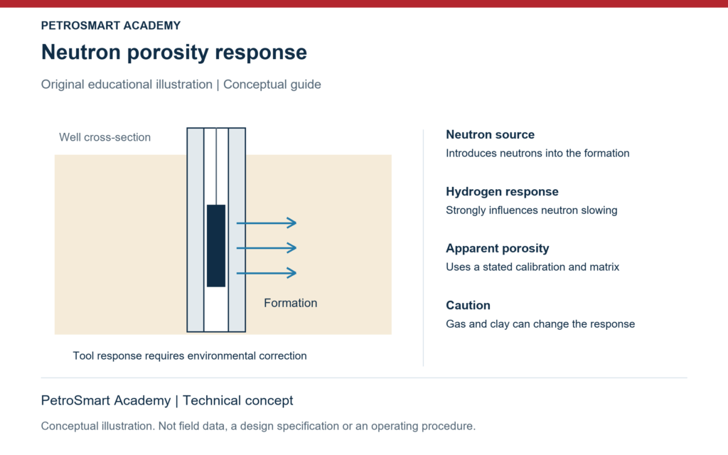 Neutron porosity response. Neutron source: Introduces neutrons into the formation. Hydrogen response: Strongly influences neutron slowing.