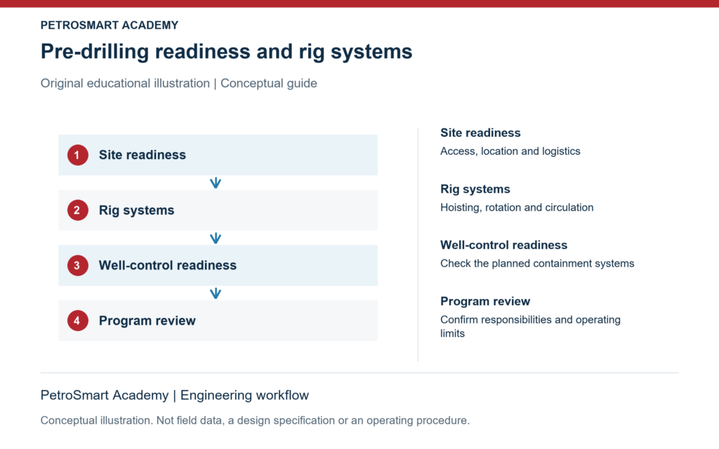 Pre-drilling readiness and rig systems. Site readiness: Access, location and logistics. Rig systems: Hoisting, rotation and circulation.