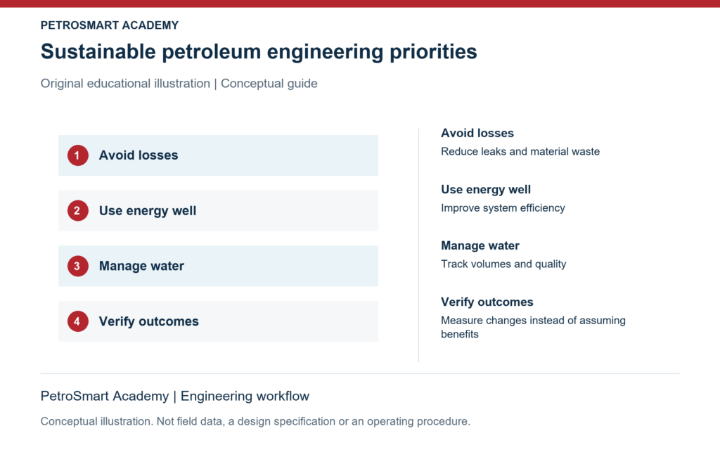 Sustainable petroleum engineering priorities. Avoid losses: Reduce leaks and material waste. Use energy well: Improve system efficiency.