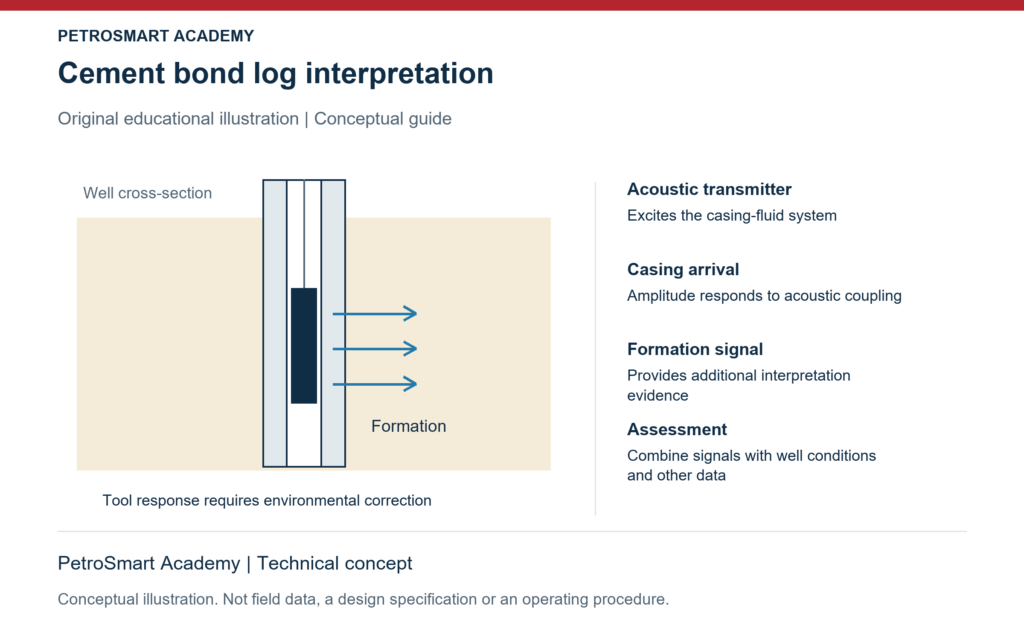 Cement bond log interpretation. Acoustic transmitter: Excites the casing-fluid system. Casing arrival: Amplitude responds to acoustic coupling.
